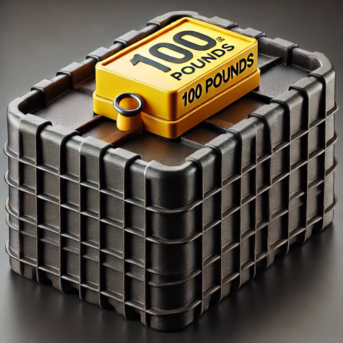 Big black plastic container with 100 pounds on top