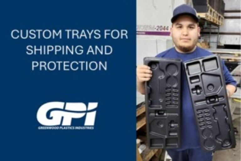 A man holding thermoformed packaging with the words "Custom Trays for Shipping and Protection"